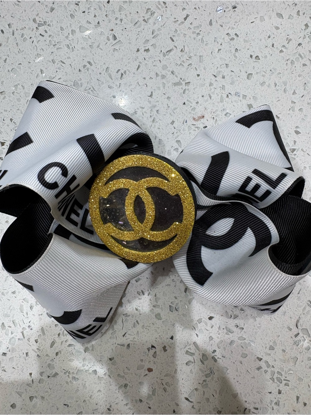 Fashion Black & White Logo Bow Hair Clip with Gold Accent